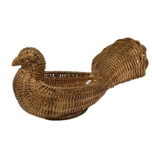 Wicker Turkey Basket Thanksgiving Holiday Gold Tone Nice Peacock? Bird Design